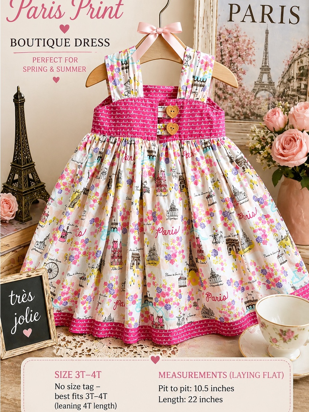 Girls Paris Print Dress 3T 4T Boutique Pink Eiffel Tower‎ Floral